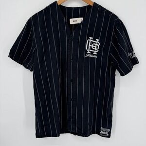 Hollister Men Baseball Jersey Black White Pinstripe Short Sleeve Button Medium